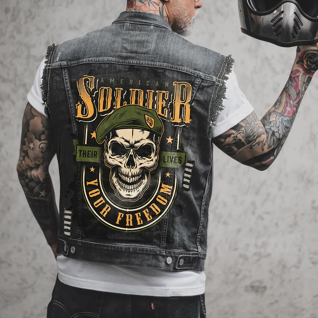 Men's Spring And Summer Four Seasons New Street Riding Motorcycle Punk Eagle Print Pattern Raw Edge Sleeveless Vest Denim Jacket