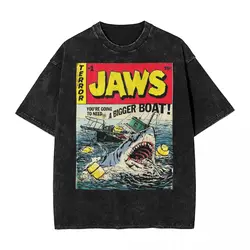 Washed T Shirts Jaws Edition Comic Book Cover Hip Hop T-Shirts Oversize Streetwear Cotton Summer Tops Tee Shirt Men Women