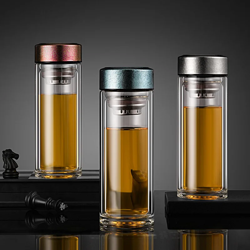 

350ml Business Glass Water Bottle With Pure Titanium Lid and Tea Filter,Double-layer High Borosilicate Glass,Heat insulation CUP
