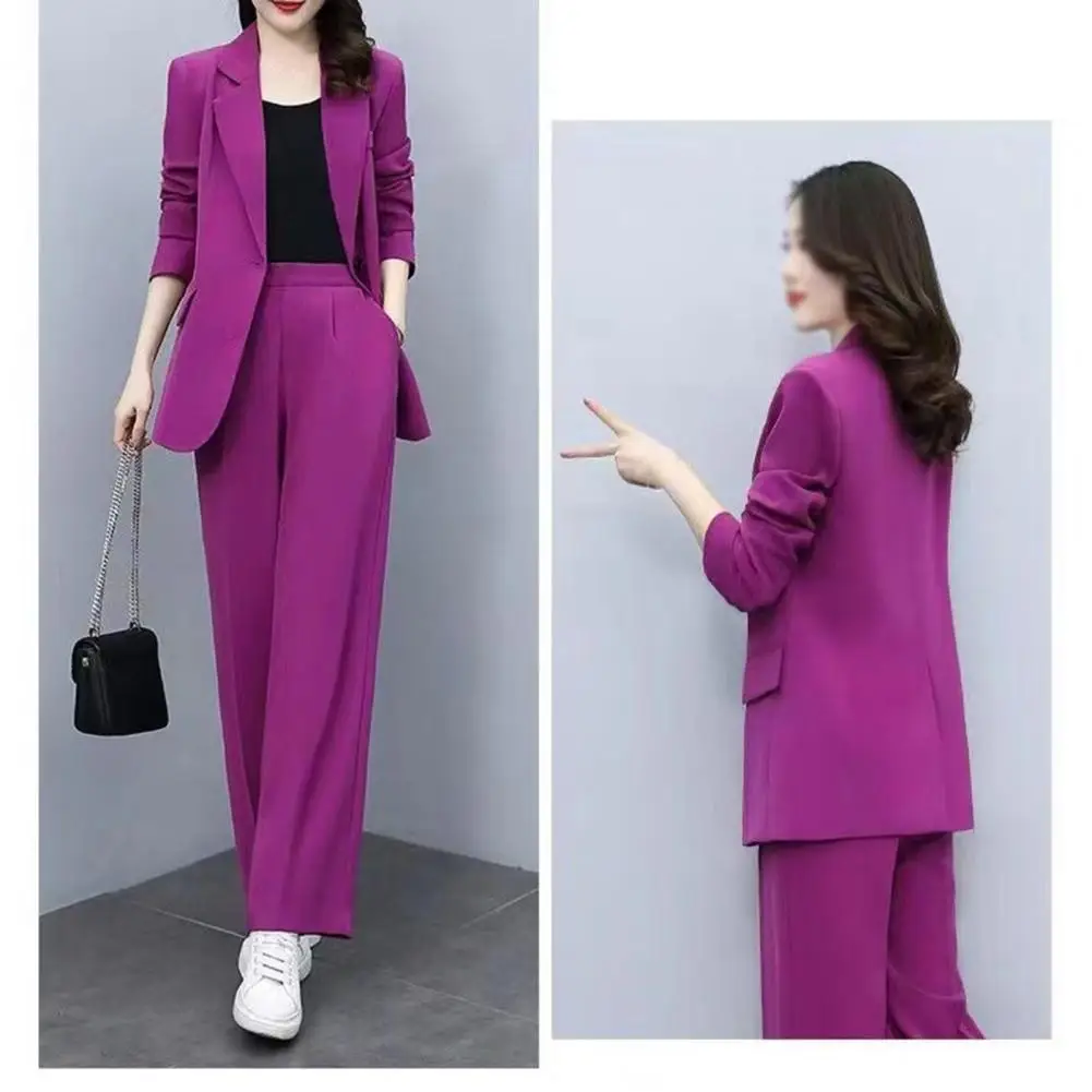 Elastic Waist Pants Suit Long-sleeved Coat Wide-leg Pants Formal Business Style Women\'s Coat Pants Suit Set with Lapel for Work