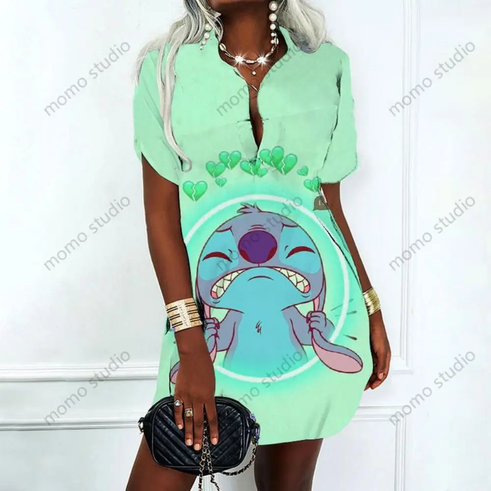 Lilo & Stitch Polo Shirts Fashion Disney Elegant Party Dresses for Women 2023 V Neck New Sexy Y2k Mini Dress Summer Album Summer