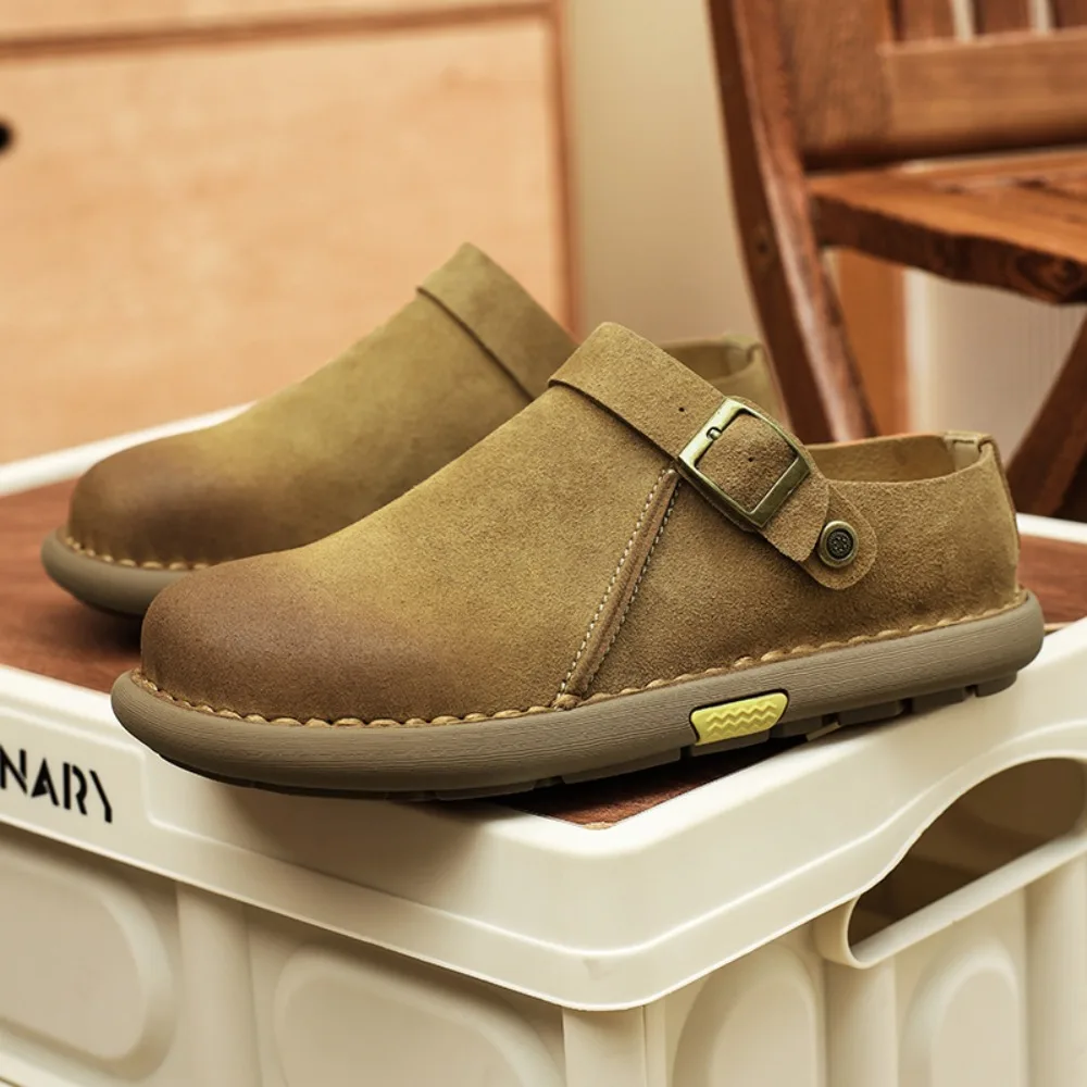 2026  One-Step Half Drag Leather Shoes British Style Mens Loafers Male Derby Casual Shoes Slippers Slides Business Lazy Flats