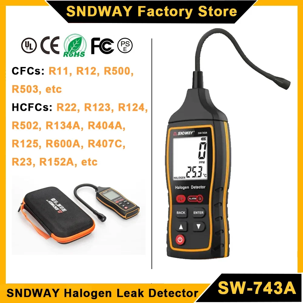 SNDWAY Halogen Gas Detector 1000 PPM Digital Meter CFCs HCFCs Halogen Gas Leak Detector LED Light Sound Vibration Alarm SW-743A