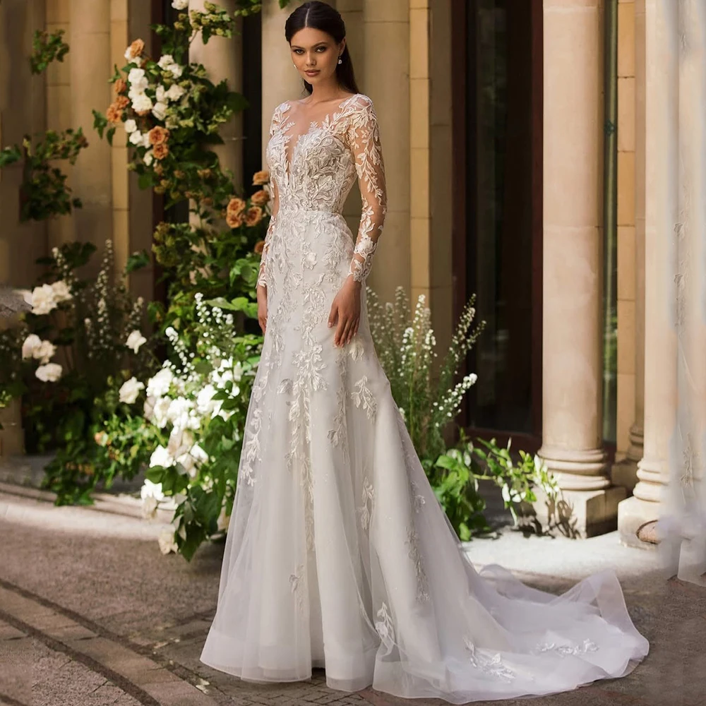 

Exquisite Tulle Applique Wedding Dress Bride Illusion Mermaid Floor Length Sweep Train Long Sleeve with Buttons Customized Gowns