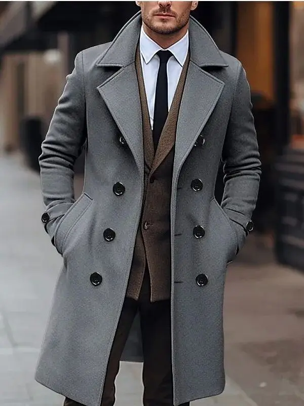 

Autumn Winter Men's Woolen Coats Business Casual Fashion Double-breasted Polyester Straight Hem Multpocket Polyester