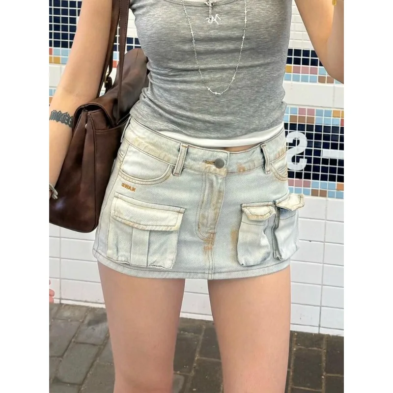 

Blue Workwear Pocket Denim Halter Neck Mini Skirt Women's High Waist Bodycon Short Skirt Summer New Arrival Street Sle