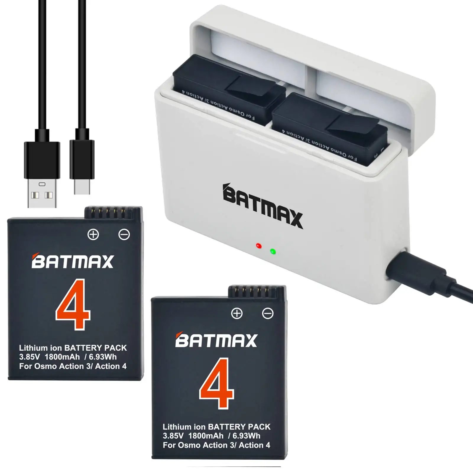 Batmax 1800mAh Battery for Osmo Action 4 battery+Dual Charger Box for DJI Osmo Action 4, Osmo Action 3 Sports Camera Accessories