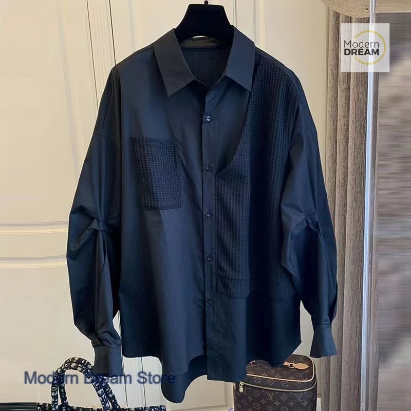 

Korean style stitching fake two-piece long-sleeved shirts women's spring and autumn new fashion Waffle loose casual retro shirts