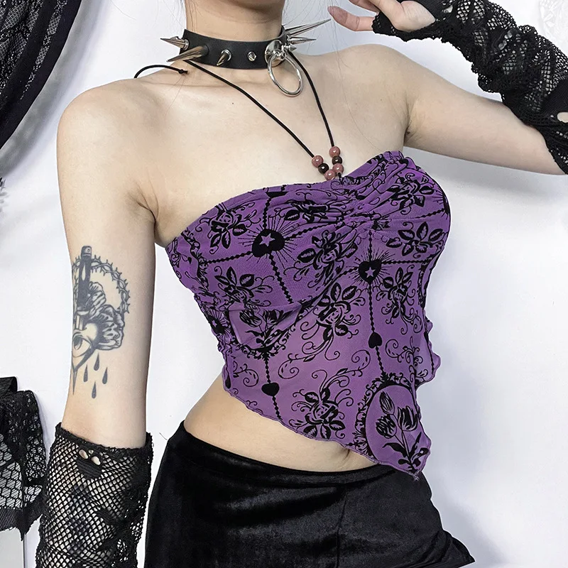 Yangelo Gothic Halternek Gevlokt Halter Tube Top Sexy Bedrukte Rugloze Mouwloze Onregelmatige Bandeau Crop Top Clubkleding Voor Dames