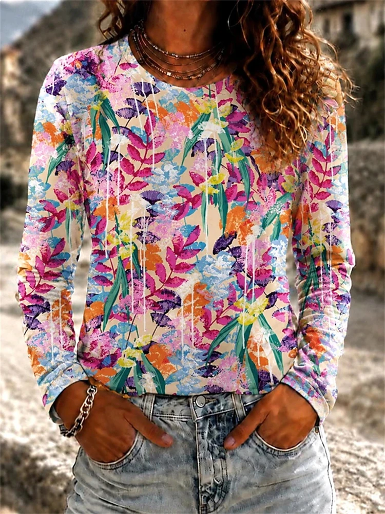 2026 Autumn New Women's Long-Sleeved Round Neck Casual T-Shirt with Colorful Floral Print Plant Elements Outdoor Chic Top