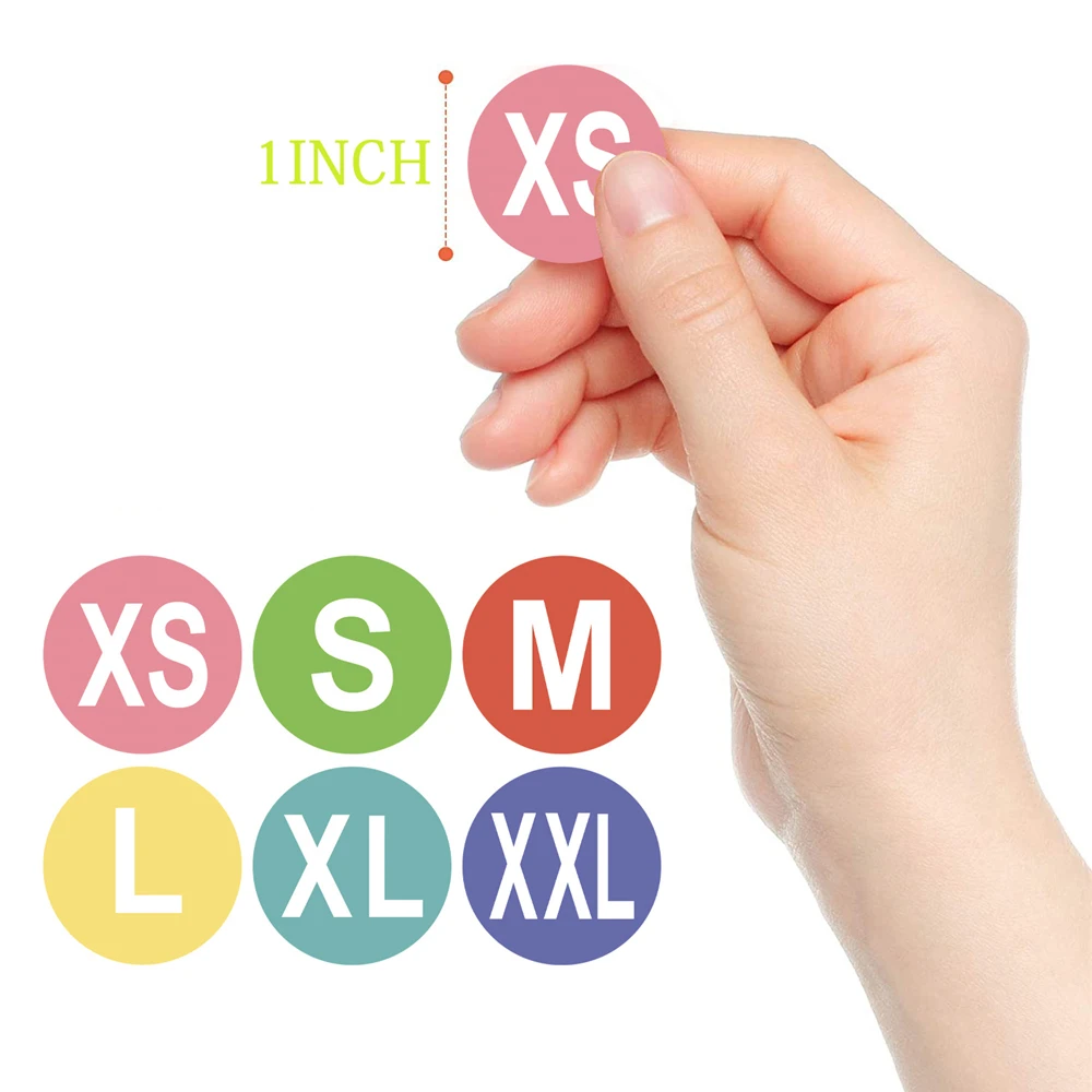 500Pcs/ม้วนรอบขนาดสติกเกอร์ป้ายกาว7ขนาด XS S M L XL XXL XXXL เสื้อผ้าหมวก Habiliment ที่มีสีสันป้ายขนาด