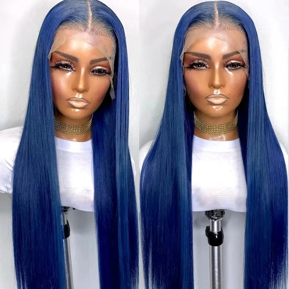 

MXWIGS Long Straight Blue Hair Synthetic 13X4 Lace Front Wig For Women Cosplay Long Glueless Preplucked Heat Resistant Fiber
