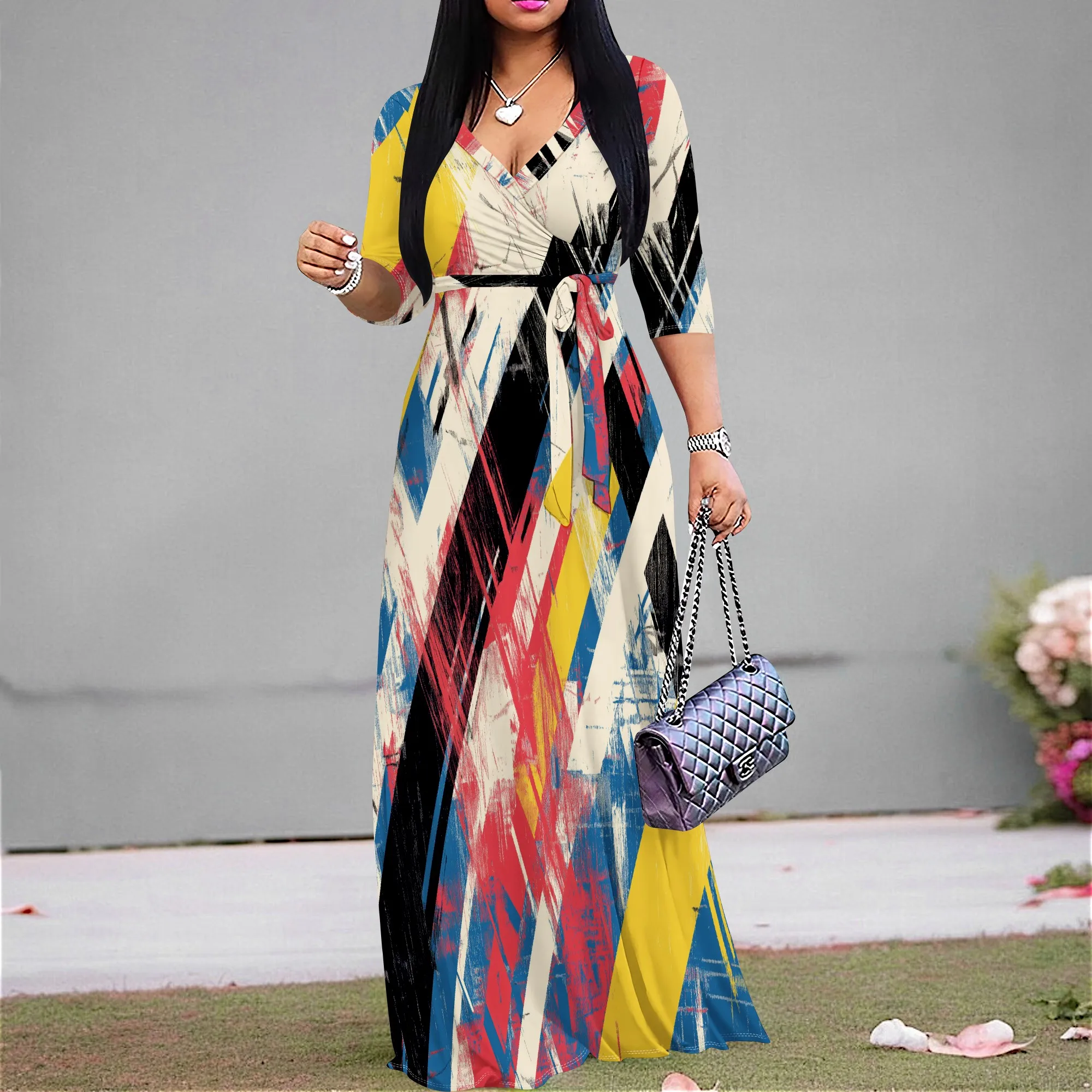 

Women’s Colorful Abstract Print Maxi Dress XS-3XL V Neck Tie Waist Long Sleeve Flowy Dress Summer 2025 Vacation Wear