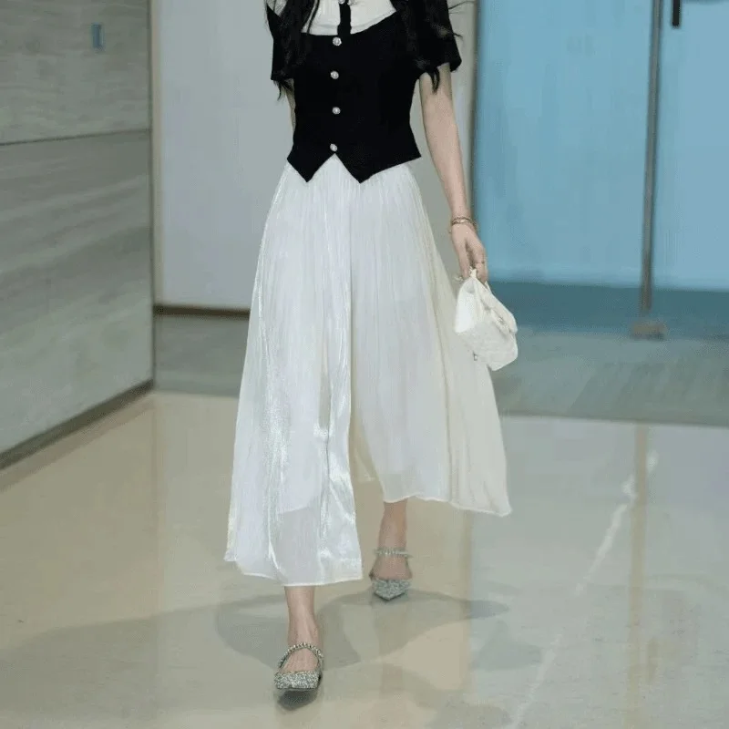 

Elegant Pleated Skirt Pants Summer Stylish Women's Casual Lady Versatile Slimming Draped Capri Pants