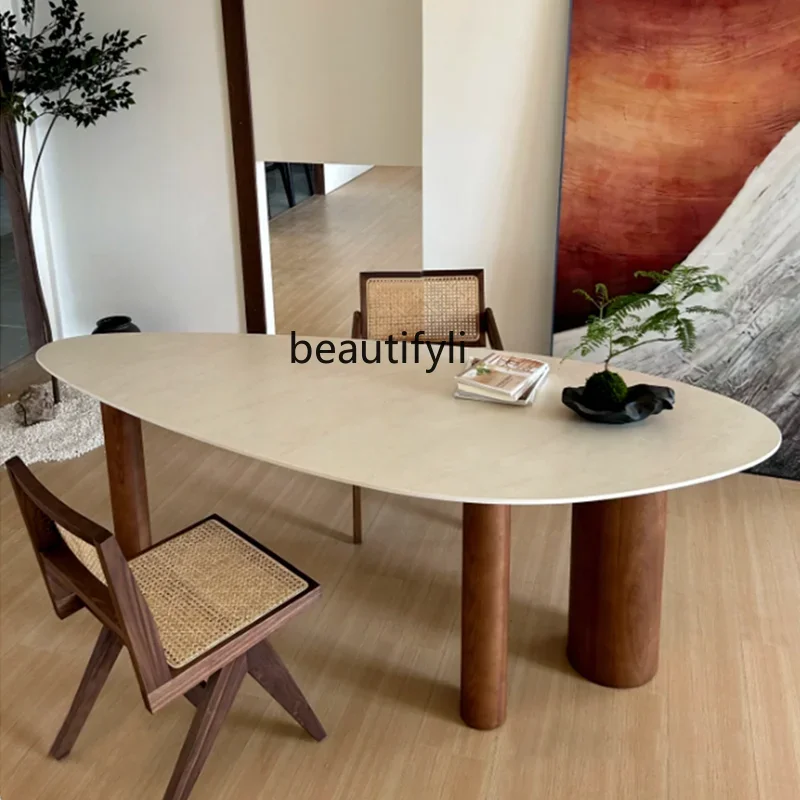 

Medieval solid wood dining table Modern special-shaped oval creative Nordic desk dining table customization6005