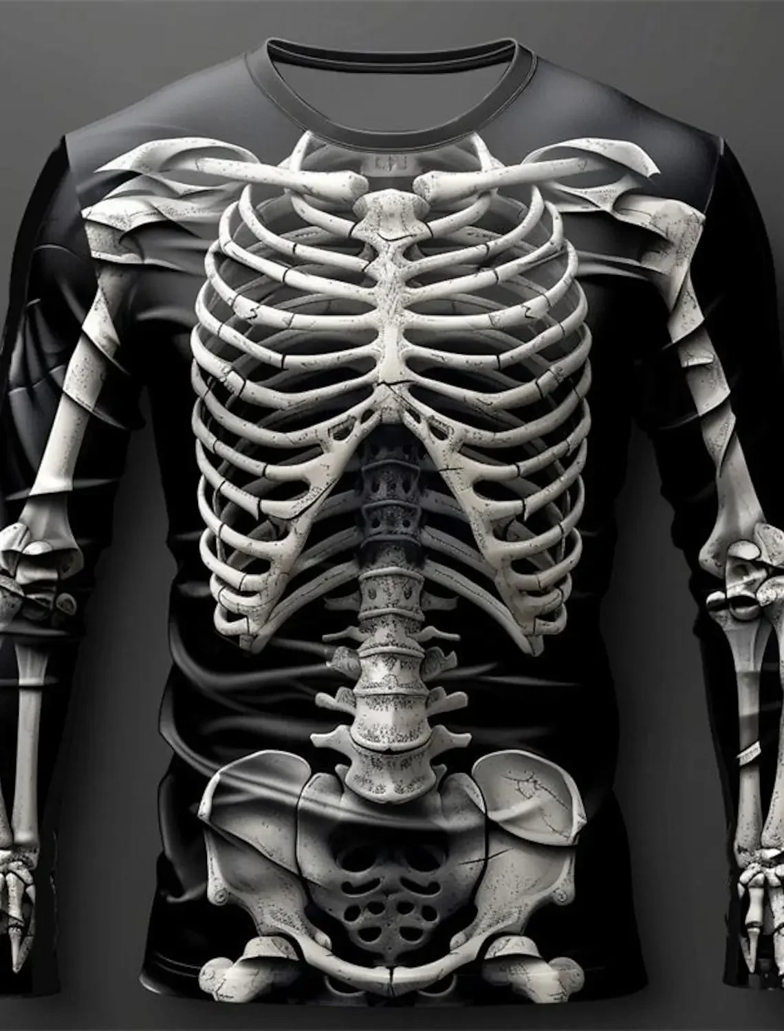 Herren-T-Shirt mit 3D-Skelett-Print, langärmelig, Halloween-Kostüm, T-Shirt mit menschlichen Knochenmotiven, lässiger Schnitt, Rundhalsausschnitt. – Detail 7