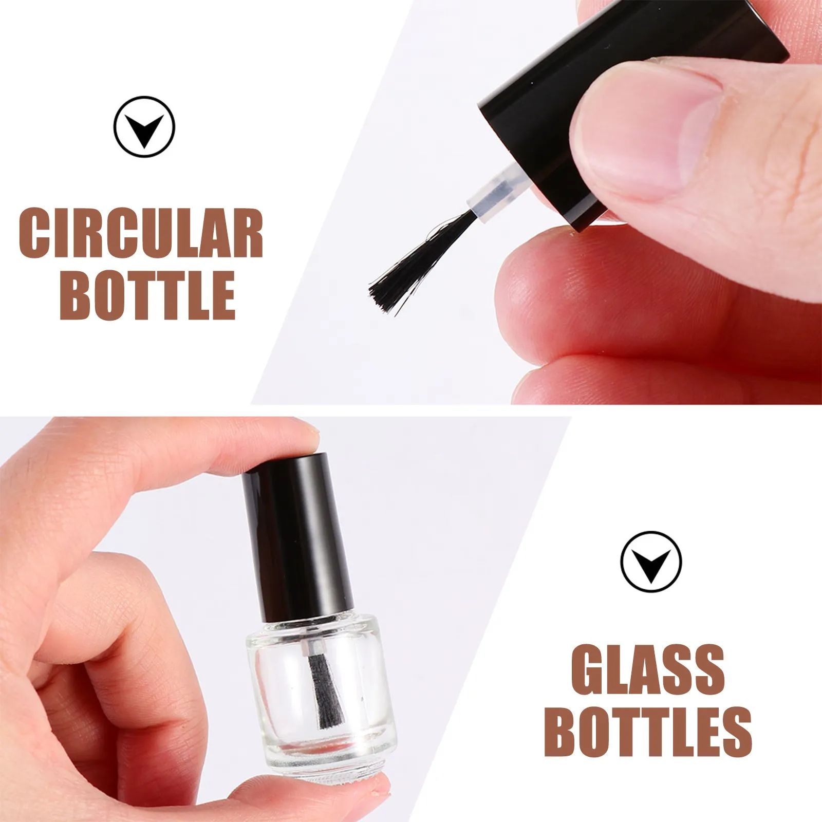 20Pcs Glass Nail Bottle Transparent Round Empty Containers with Brush and Black Cap for Nail Polish Refill DIY Labeling Flat