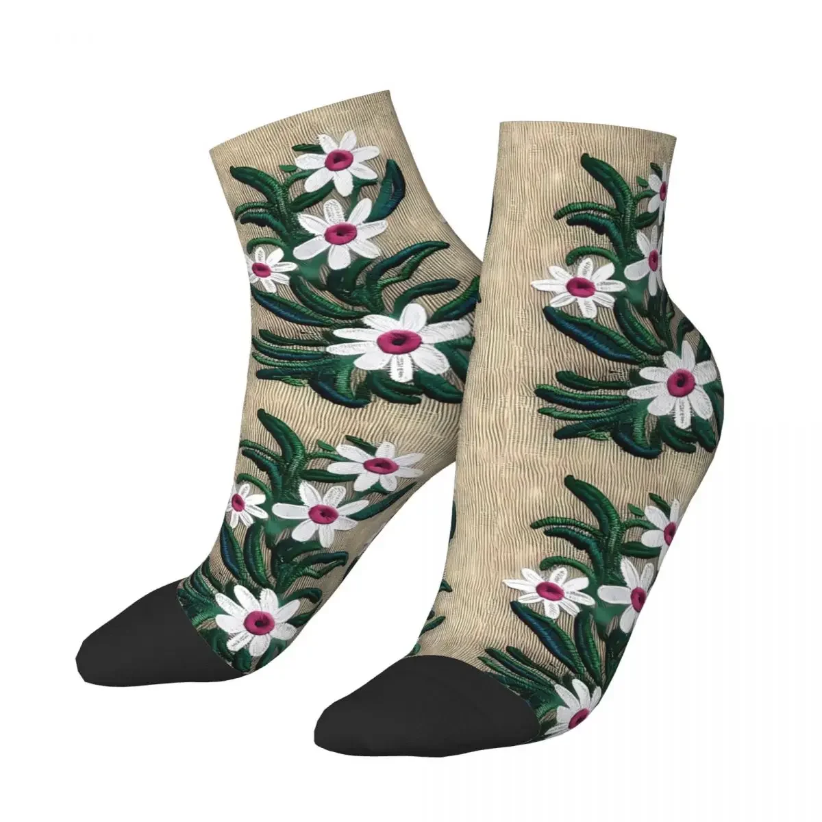 White Swan River Daisy Flower Embroidery Flowers Ankle Socks Male Mens Women Spring Stockings Harajuku