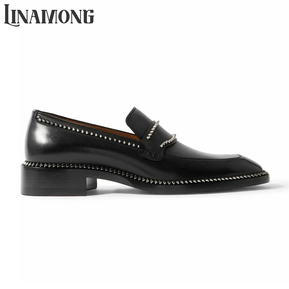 Black Spike Loafers Almond Toe Silver-Tone Studs Leather Shoes Designer Style Handmade Shoes for Men Almond Toe Slip-On Loafers view 2