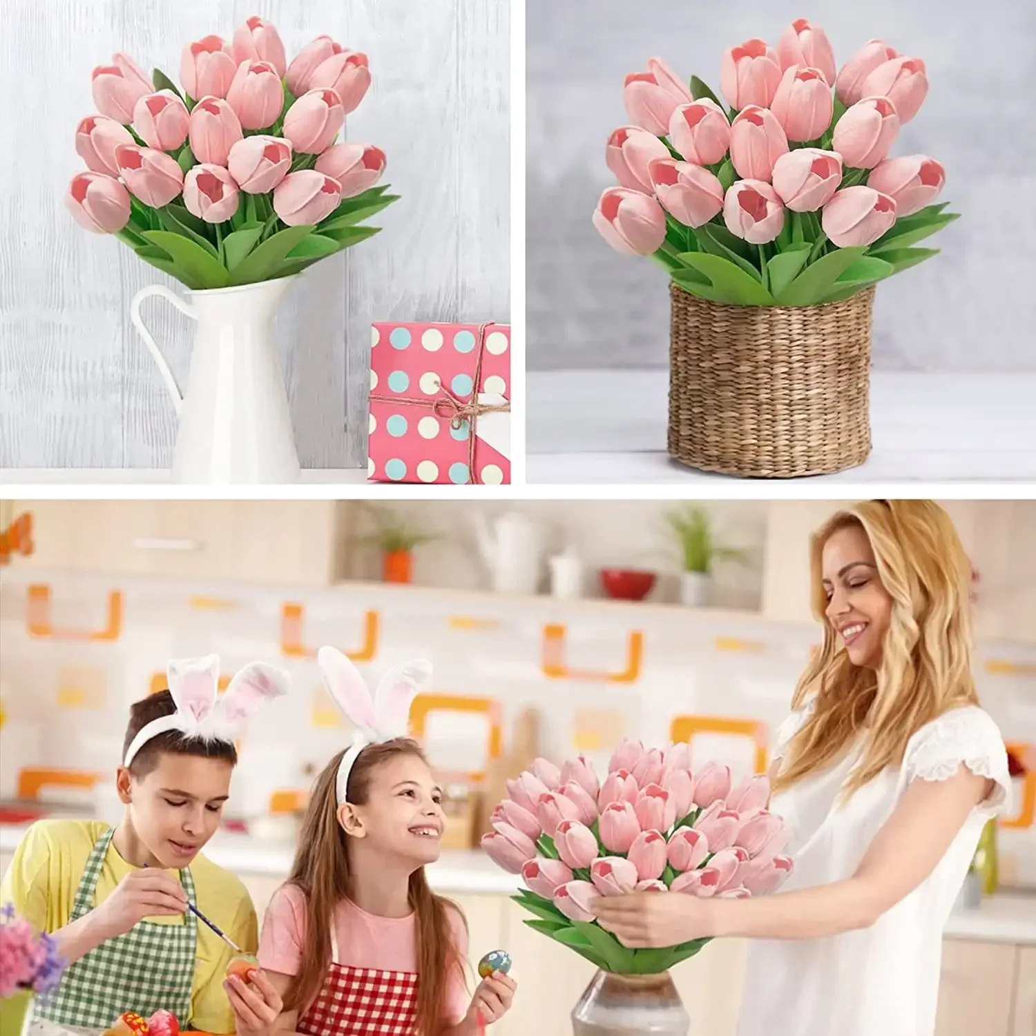10Pcs Pink Artificial Tulips Flowers Fake Tulips PU Real Touch Faux Flowers Bouquet for Room Office Table Party Spring Wedding