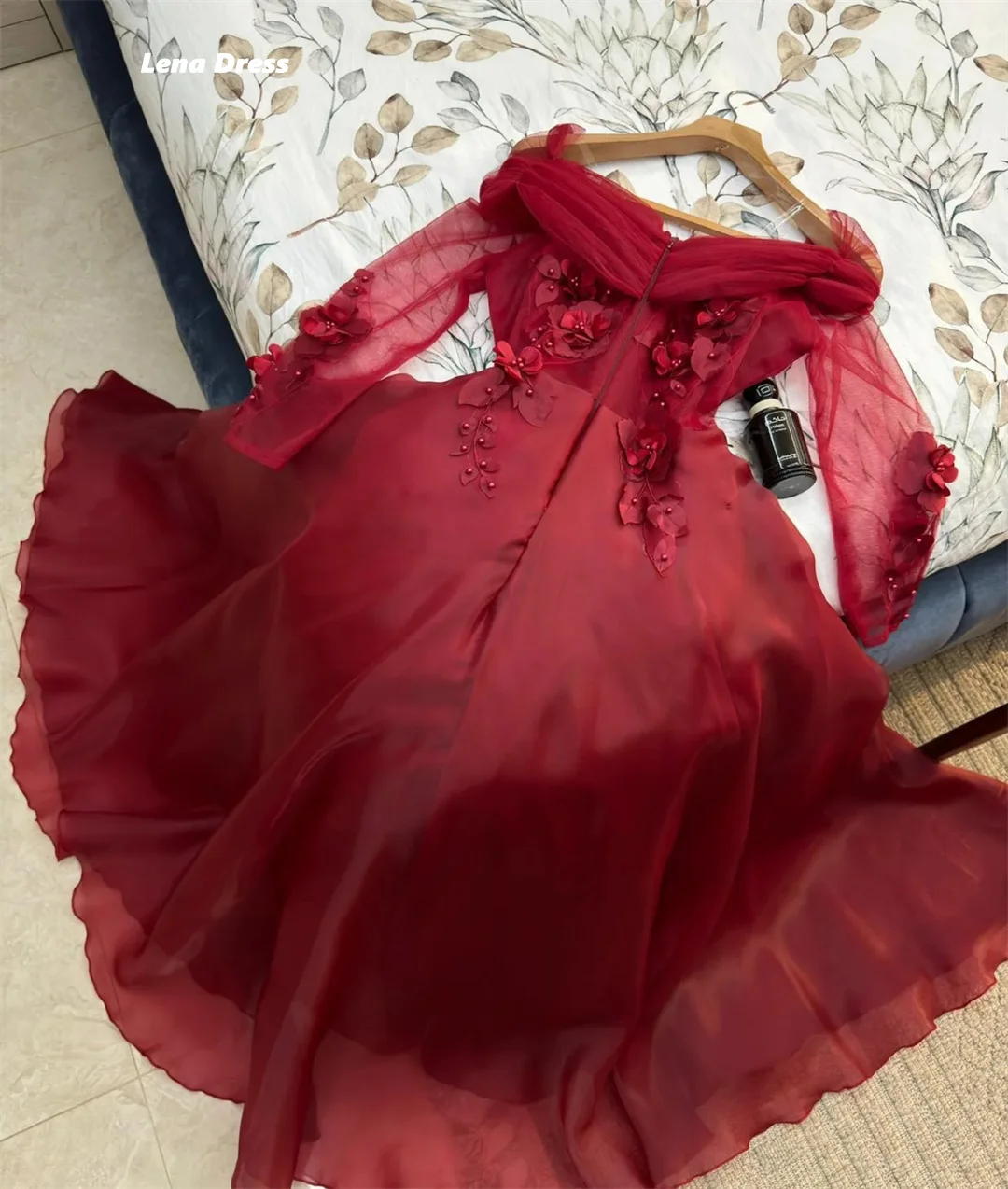 Lena Flowers Very Luxurious Evening Dresses High Quality High Quality Customized Party Dresses Woman 2025 Red Long Sleeves Prom