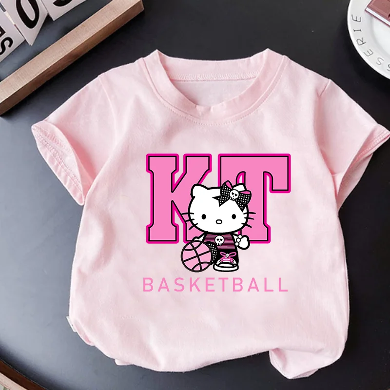 

2025 New Cute Disney Hello Kitty Fashion Printed Boys and Girls Summer Clothes Short Sleeves Baby Cotton Casual T-shirt