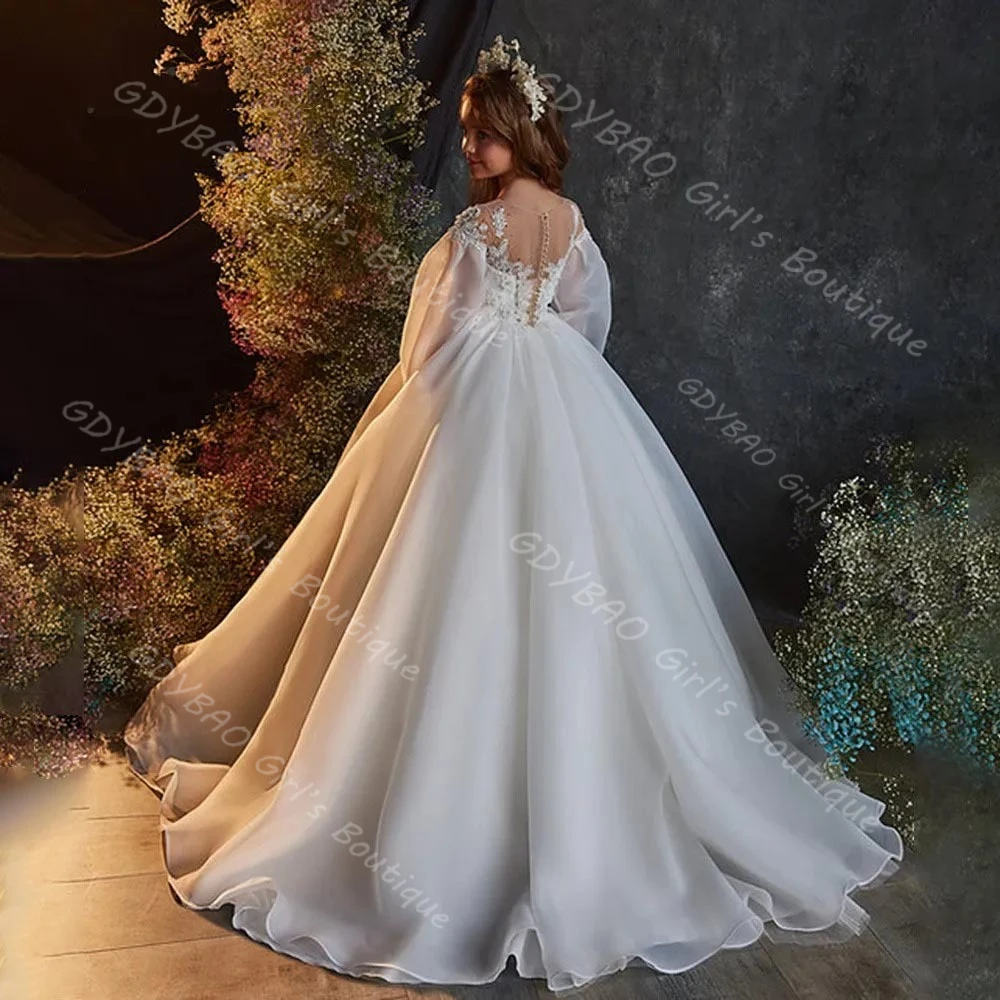 맞춤형 여자아이 첫 영성체 드레스 시스루 넥 풍선 소매 웨딩 플라워 걸 드레스 가슴 리본 키즈 파티 볼 가운