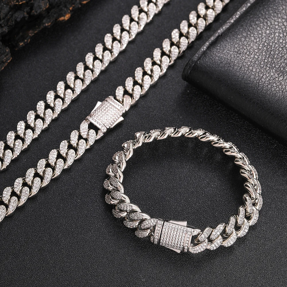 NY Hip Hop Luxury Jewelry 12mm Width 2-Row Iced Out Cuban Necklace Bracelet Fashion Set Luxury Gift