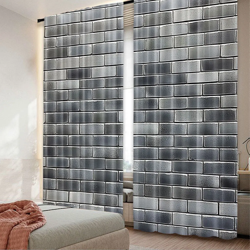 

2Pcs Grey And White Curtain Modern Brick Wall Tiles Urban Construction Architecture Building Town Suitable For Bedroom Bathroom