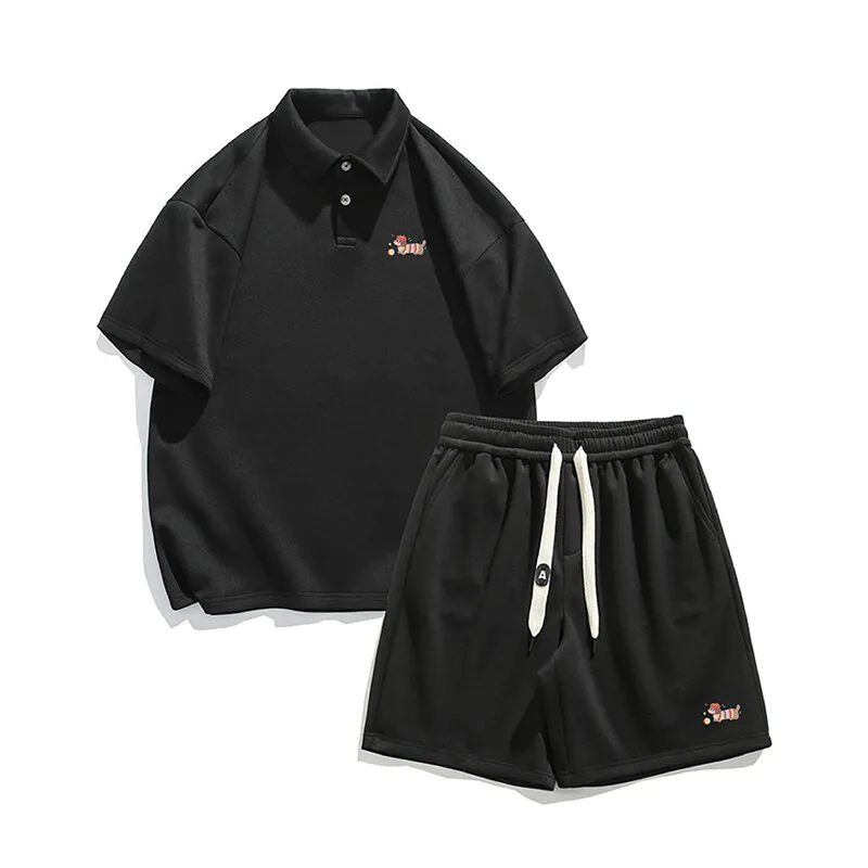 Einfarbiges Polo- und Shorts-Set für Herren mit Welpen-Aufdruck – 2-teiliges Outfit aus atmungsaktiver Baumwolle mit Kordelzug an der Taille, lässige Sommer-Sets