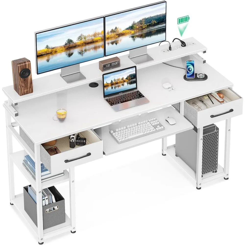 

Computer Desk with Drawers, 55 Inch Office Desk with Power Outlet and Keyboard Tray & Storage Shelves & PC Stand, Office Table