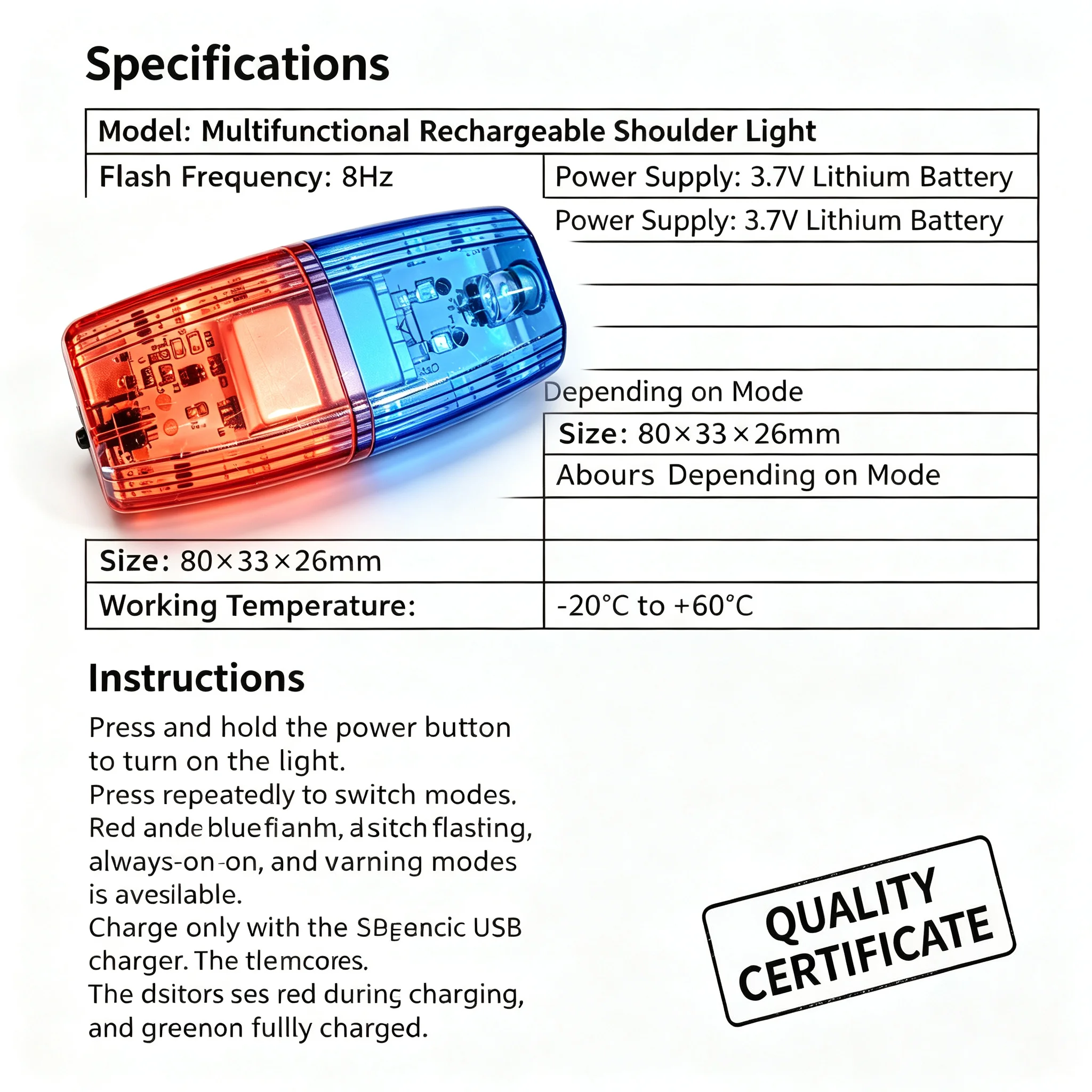 Red Blue Led Shoulder Warning Light Safety Patrol Alarm Flash Signal Strobe Lamp 600mAh USB Charging with Stainless Steel Clip