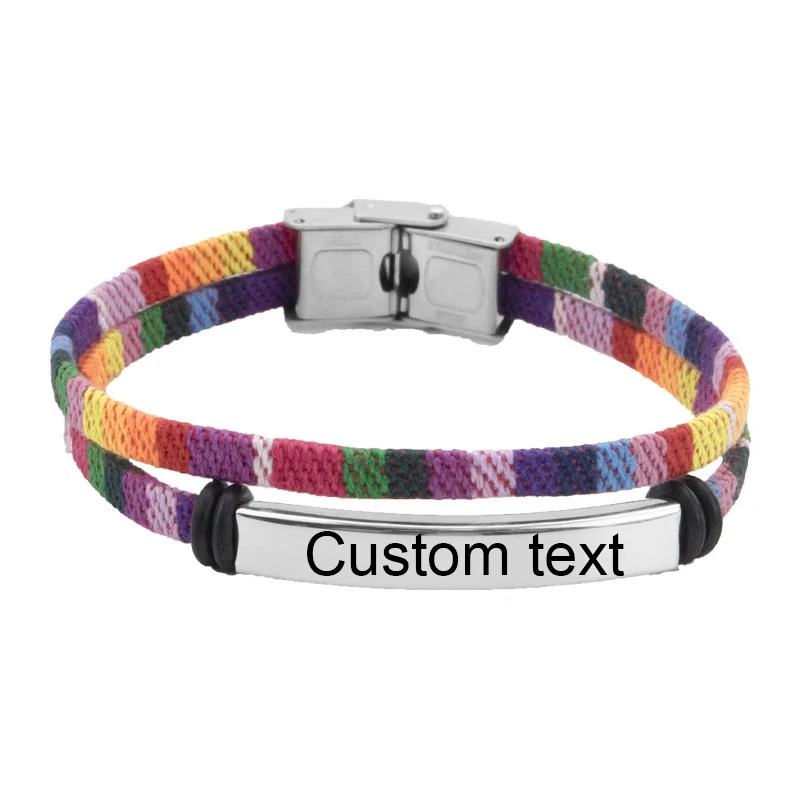 

Bosimifengya Custom Logo Name stainless steel Bracelet Men Fabric multi-color weaving Engrave Text Id Bracelets For Women