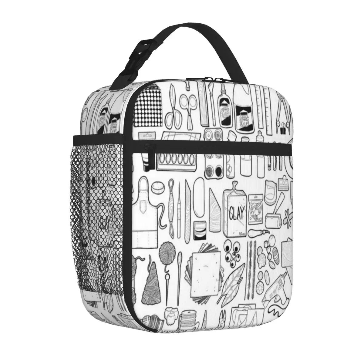Bestselling 85 Art Supply Doodles In Black Neoprene Texture School Lunch Bag Family Picnic Large Lunch Bag