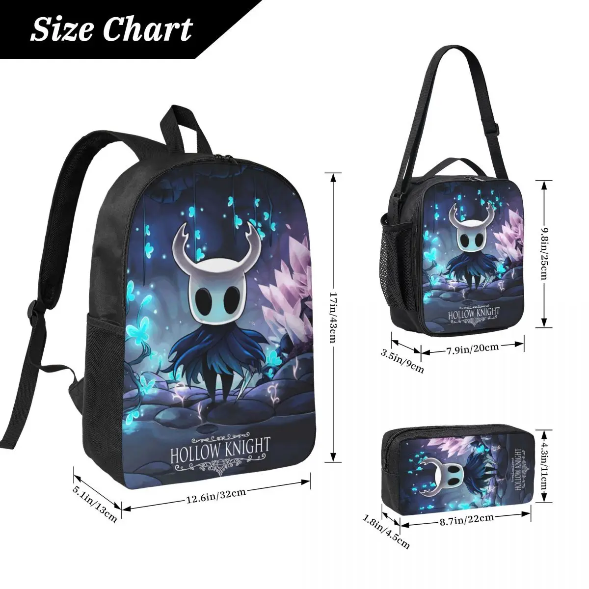 Set di zaini Hollow Knight merch da 3 pezzi per ragazze, ragazzi, borse per penne, set di borse per libri con scatola per il pranzo, per studenti delle scuole