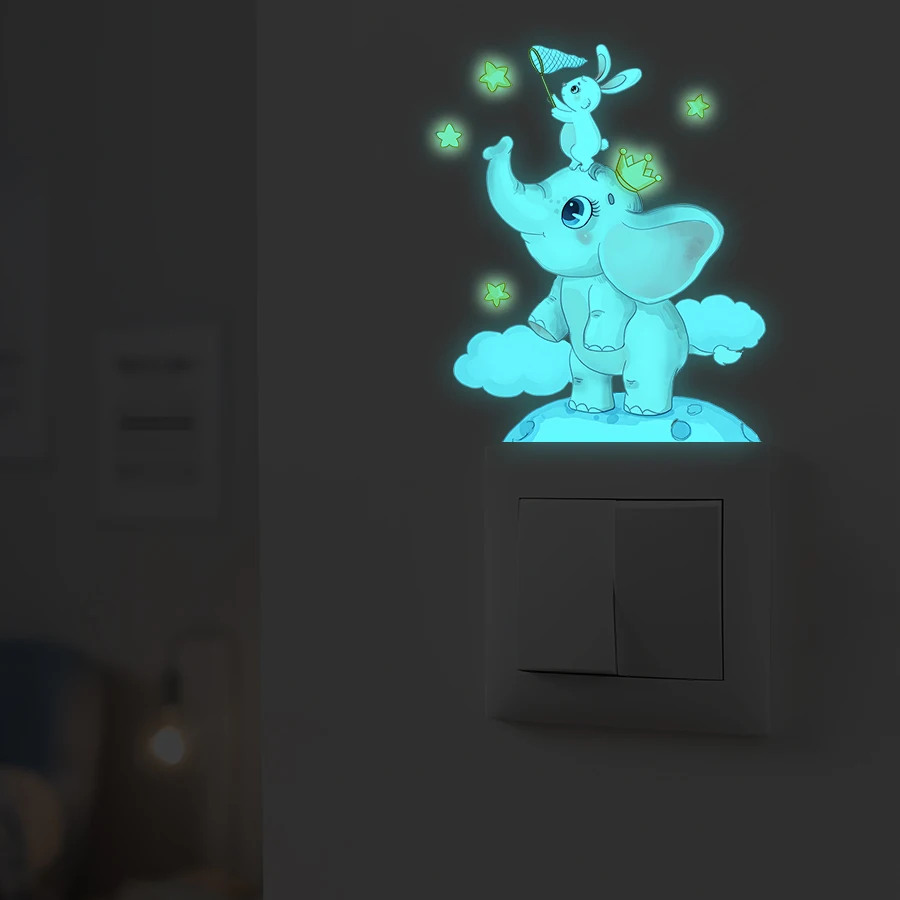 Glow-in-the-Dark Cartoon Elephant Wall Stickers For children's Room Removable Blue Night Light Decals For Kids' Rooms