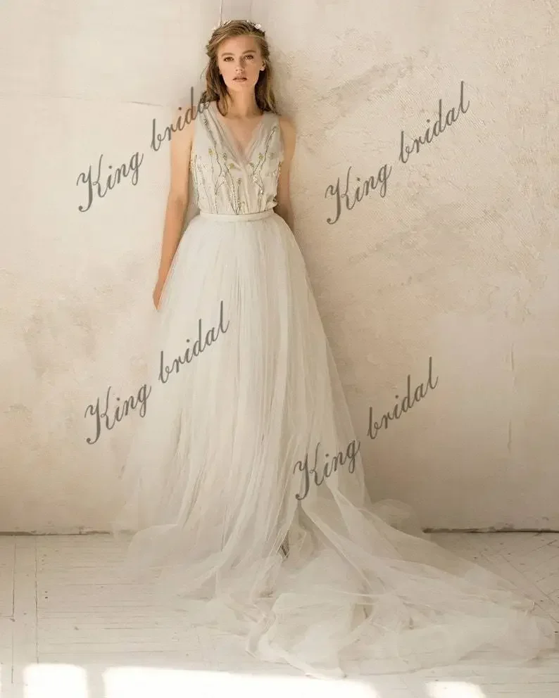 Vestido de noiva com decote em v personalizado marfim sem mangas vestido de noiva tule vestido de casamento aberto nas costas simples vestido de casamento de praia