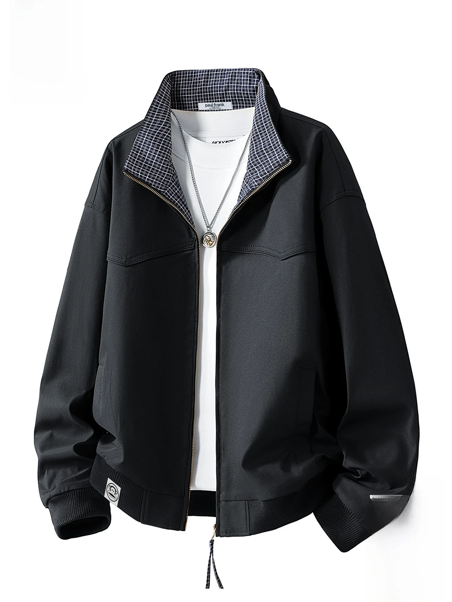 

PaulFrank 2025 Winter Men's Casual Plaid Patchwork Stand Collar Jaet Youth Faion Wear Resistant Polyester Fiber Coat
