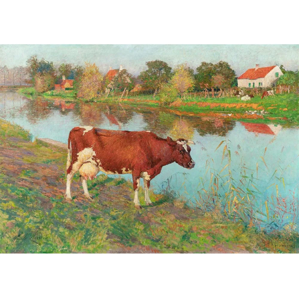 

A Cow by the River Lys (1895) by Emile Claus,Hand painted animal oil painting,Landscape painting on canvas,Decoration for home