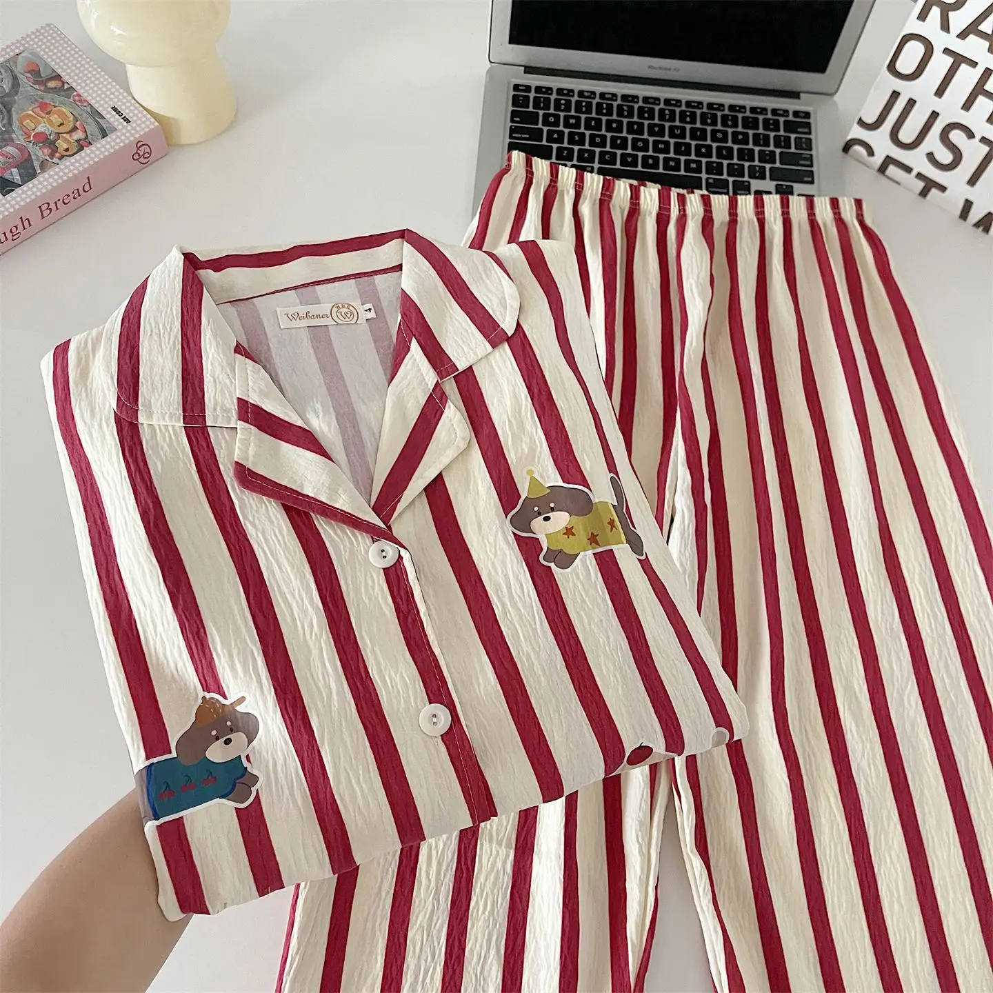 Striped Collared Sleepwear Set for Women Spring Autumn Korean Style Cute Dog Print Home Clothes Long Sleeve Cloud Cotton Leisure