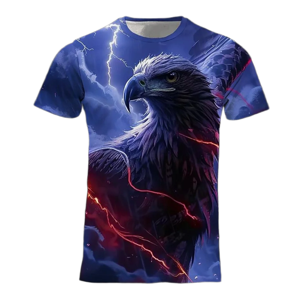 تي شيرت رجالي صيفي متعدد الاستخدامات مطبوع ثلاثي الأبعاد بلون نسر رائع ورقبة دائرية وأكمام قصيرة فضفاض ومريح على الموضة
