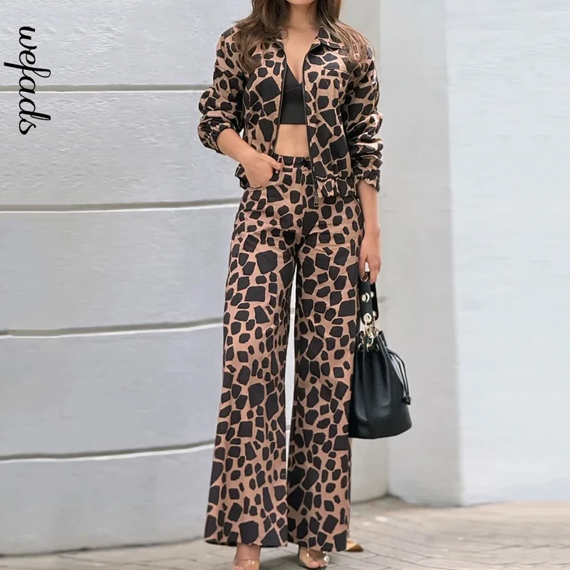 

Wefads Two Piece Set Women Casual Long Sleeve Lapel Zipper Color Block Printed Top Loose Straight With Pockets Pants Sets