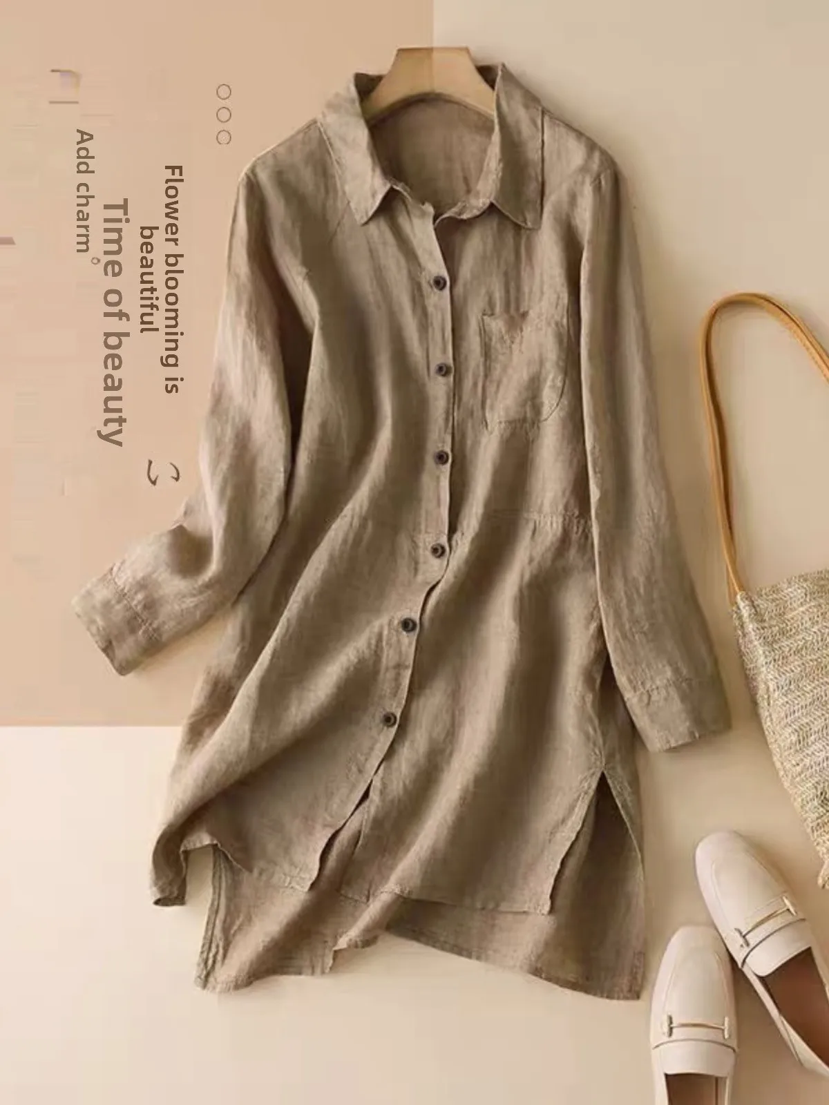 Casual Cotton Linen Long Sve irt Korean Sle Loose Fit  Collar Pure Color Brandl Commute Faion Spring 2024