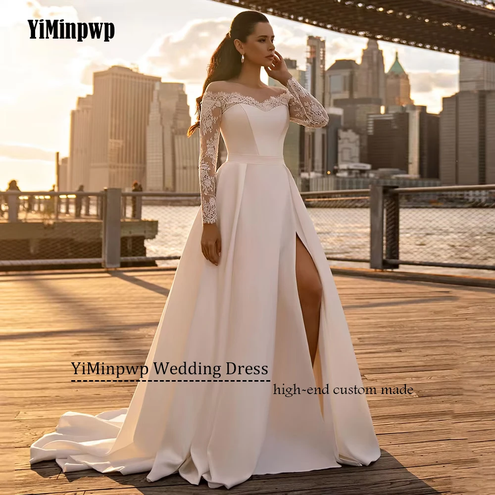 Vestidos De Novia Vintage personalizados con cuello redondo, apliques De satén, línea A, manga larga, Vestidos De Novia para playa, espalda con cremallera, 2025Personalizado vestidos de novia vintage cuello o 2025 apli