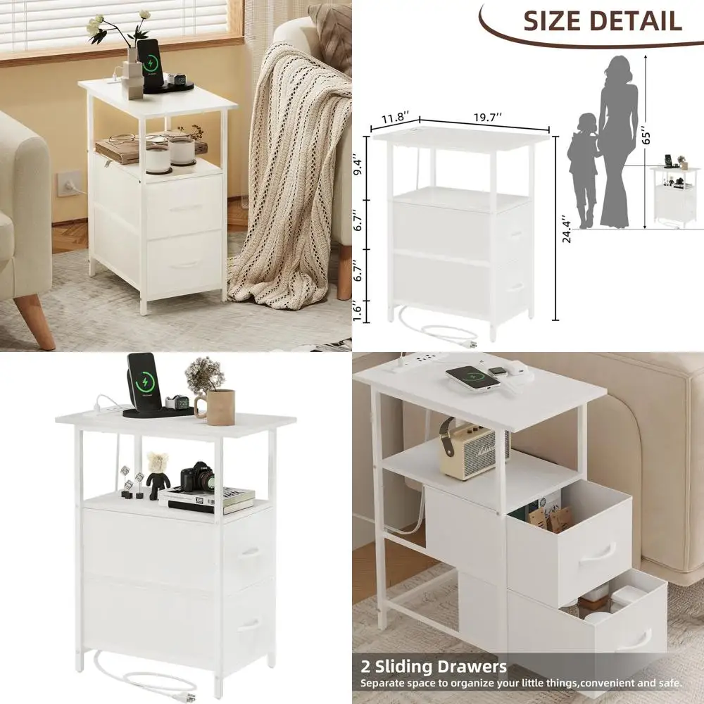 

Charging Station End Table, Slim 2-Drawer Fabric Side Table, Storage Skinny Nightstand, Compact Living Room Bedside Stand, White