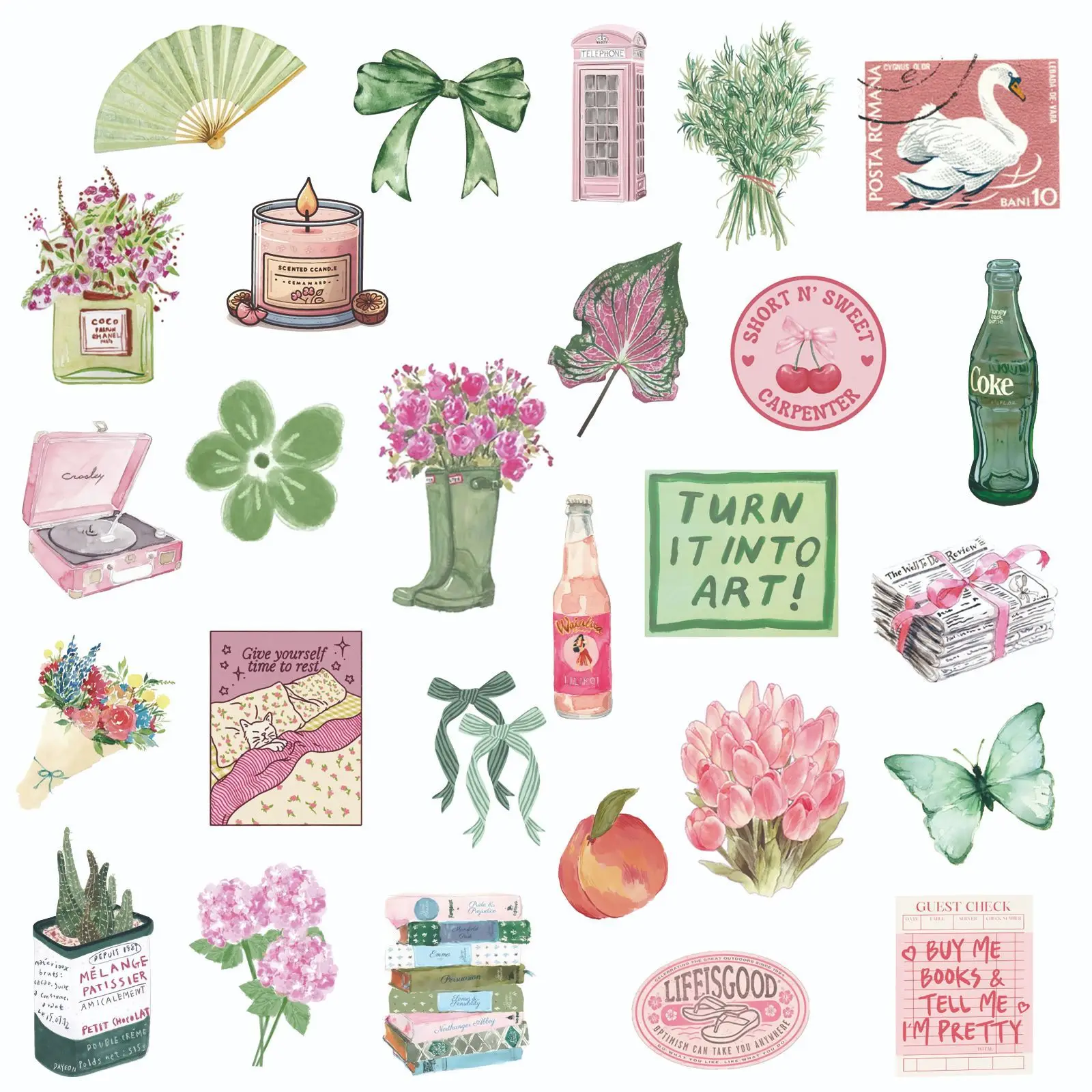 50 Pcs Pink Green Summer Fresh Stickers Waterproof Vinyl Decals for E Bike Luggage Notebook Water Bottle Gift