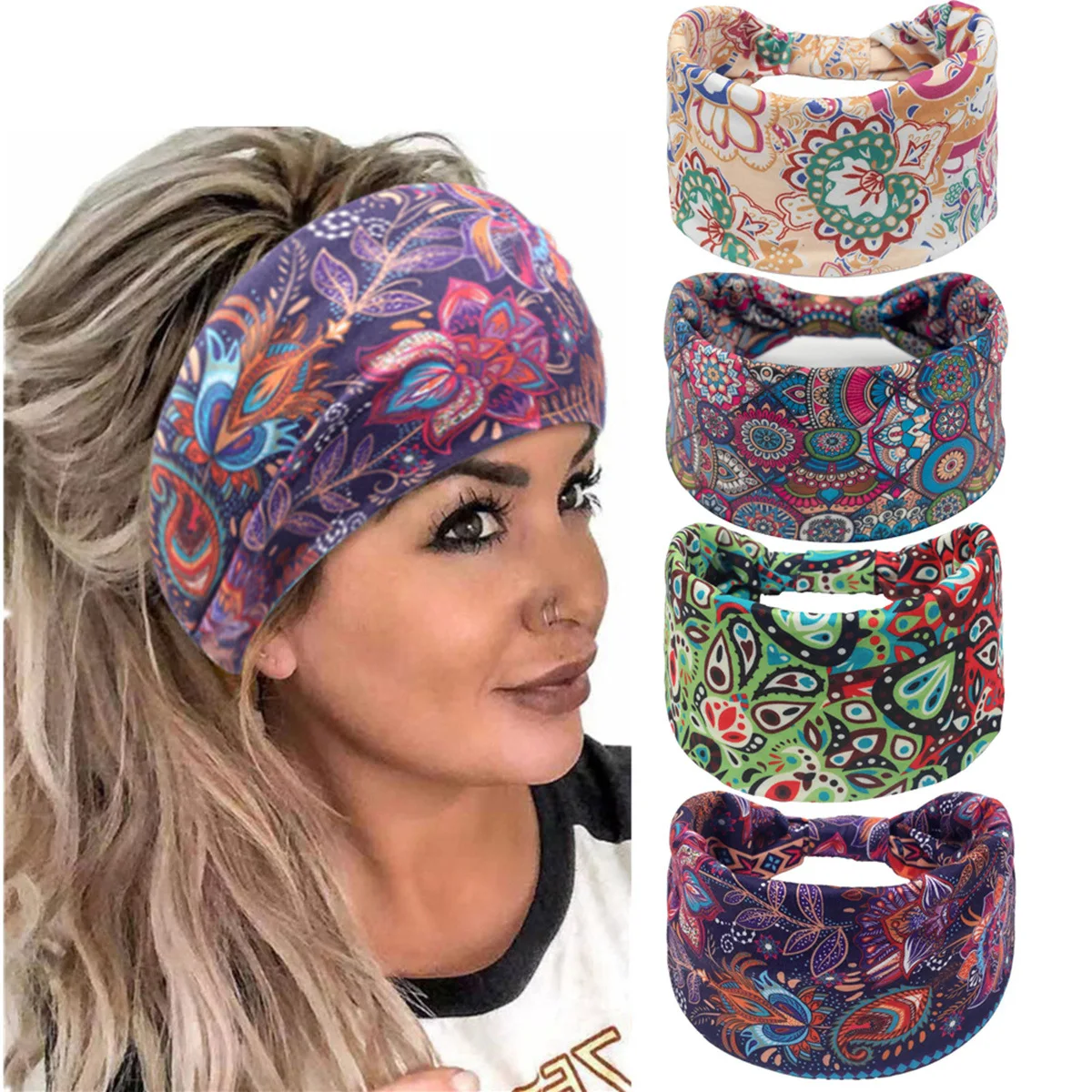 Boho kwiatowe opaski z nadrukiem damskie szerokie skręcone wiązane opaski na głowę elastyczne antypoślizgowe opaski do włosów Vintage okłady na głowę do jogi turbany