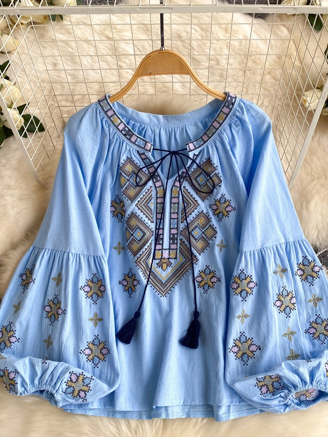 

Bohemian Style Embroidered Tassel Shirt Women's Spring Long Sleeve Loose Lantern Sleeve Holiday Style Top Oversized Fit
