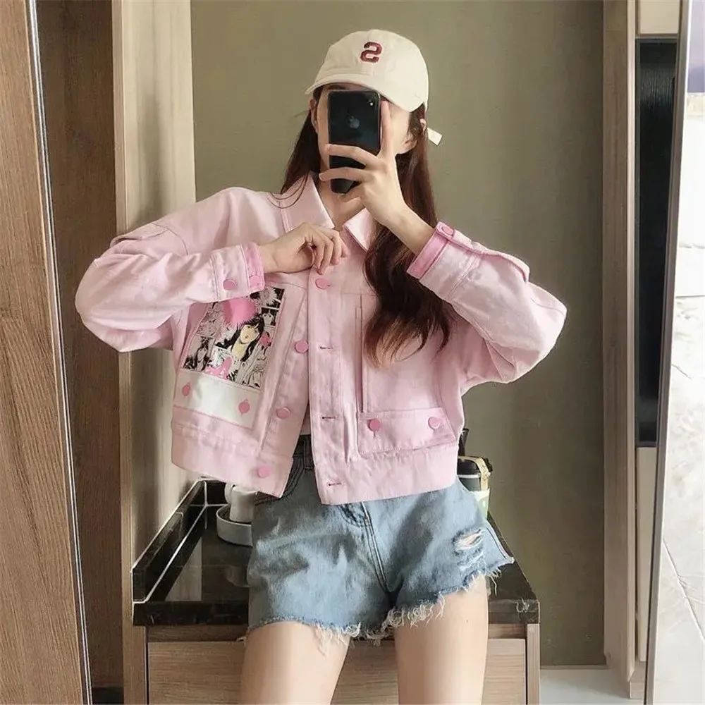 

Fashion Short Print Graffiti Denim Jacket Women Spring Single Breasted Loose Long Sleeve Turn-Down Collar Lady Cowboy Jacket