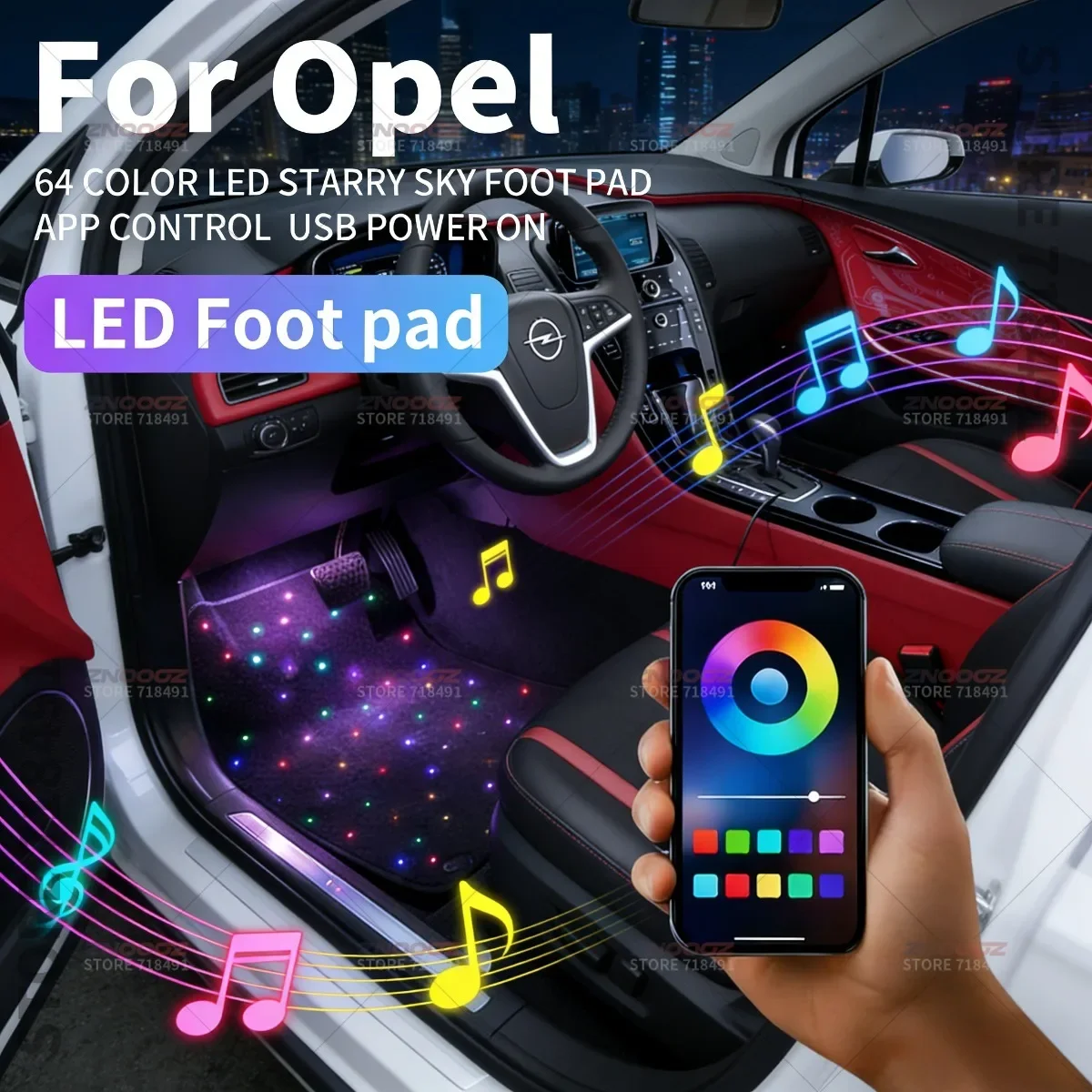 For Opel Corsa Astra Mokka Crossland Grandland Insignia Combo Zafira_Life Mokka USB Car LED Starry Sky Foot Mat DIY Can Be Cut